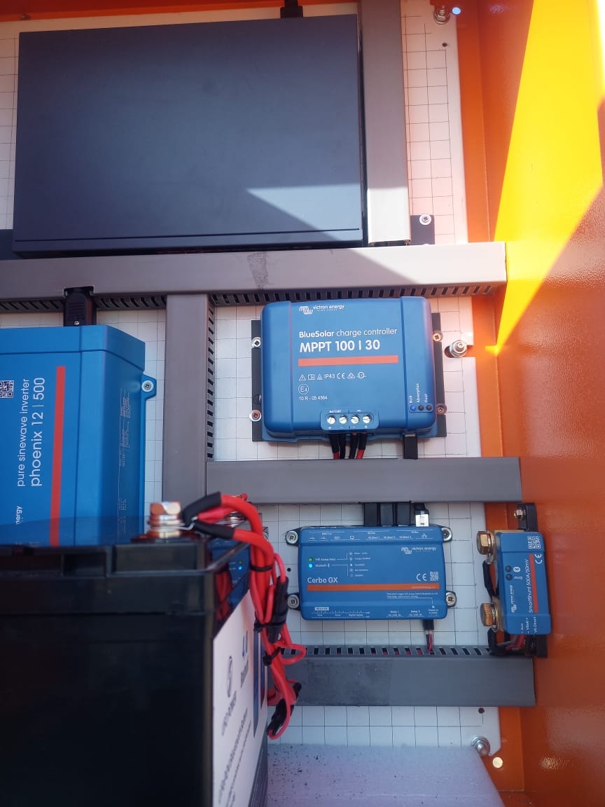 Organised control equipment inside a solar CCTV cabinet