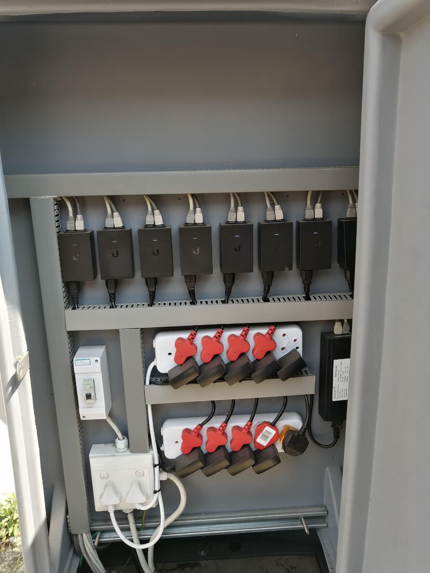 Neatly installed CCTV network and power equipment inside a secure outdoor cabinet