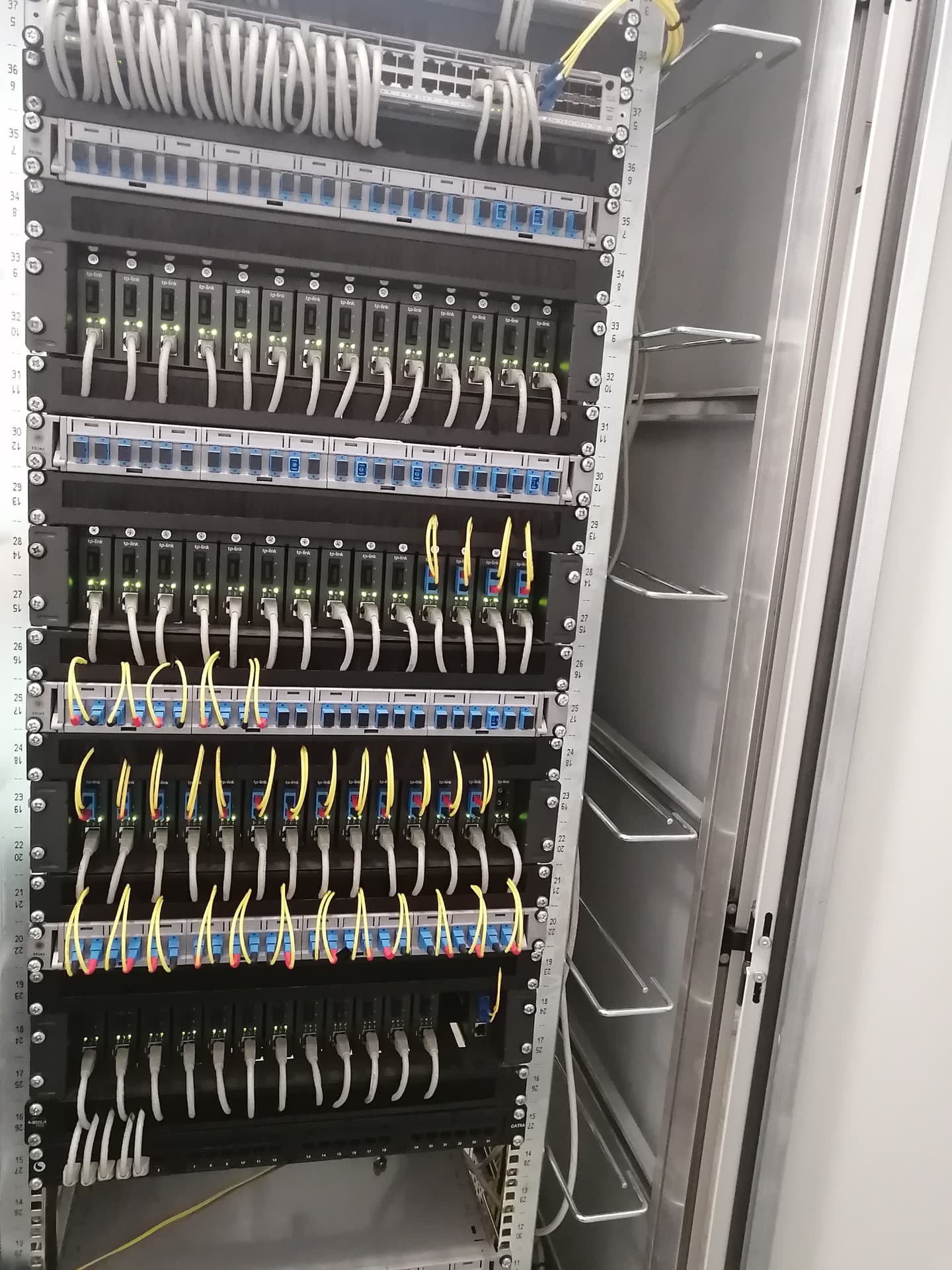 Structured CCTV and fibre network equipment installed in a communications rack